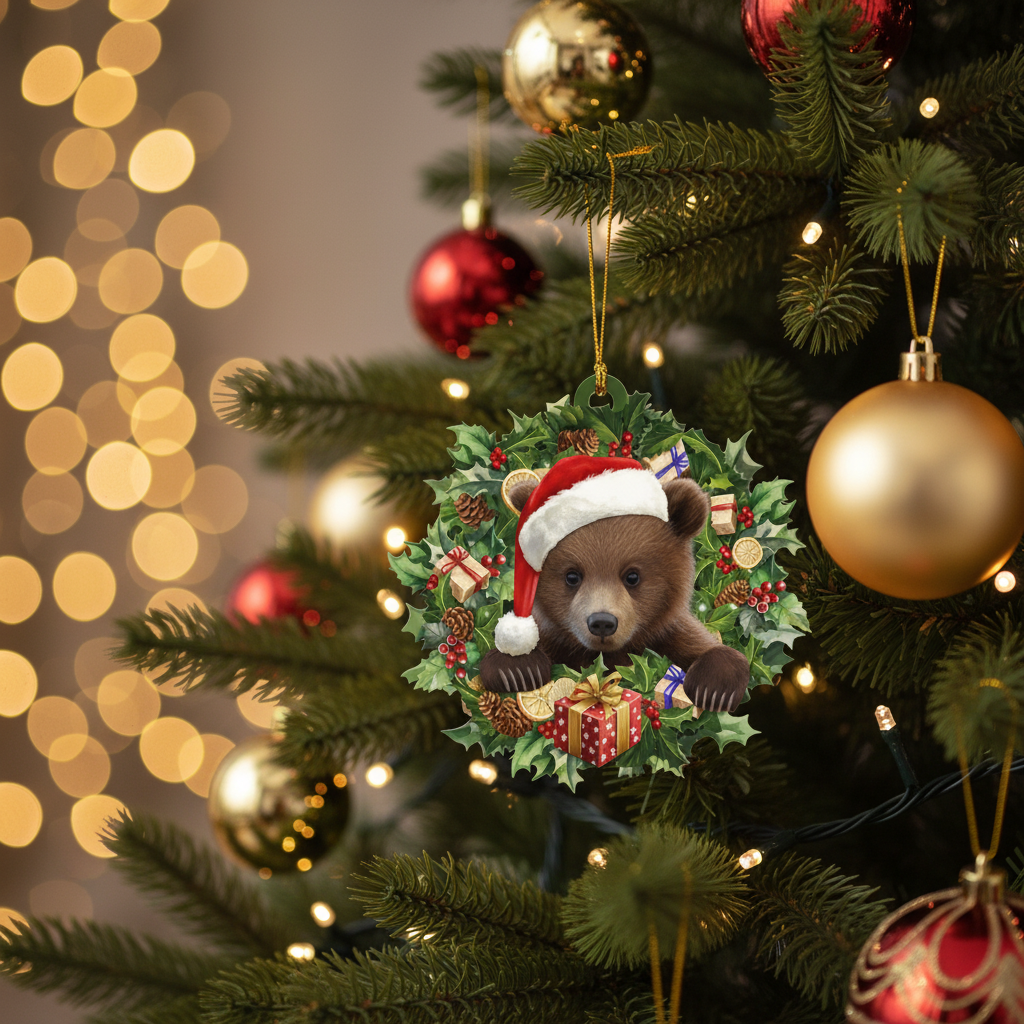 [2D FLAT ACRYLIC] Brown Bear Christmas Ornament – Festive Holiday Decor & Car Accessory