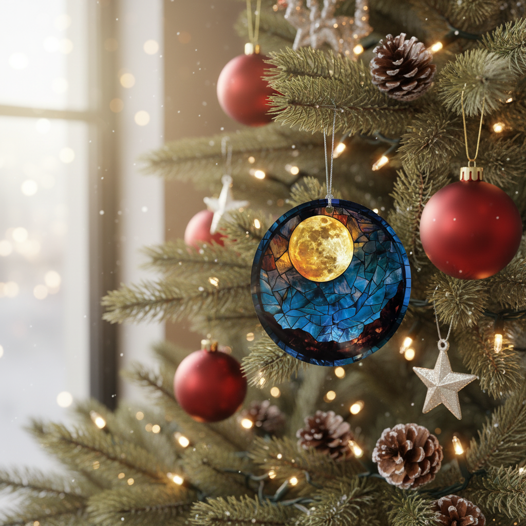 [2D FLAT ACRYLIC] Full Moon Stained Glass Style Ornament – Real Glass Holiday Decor