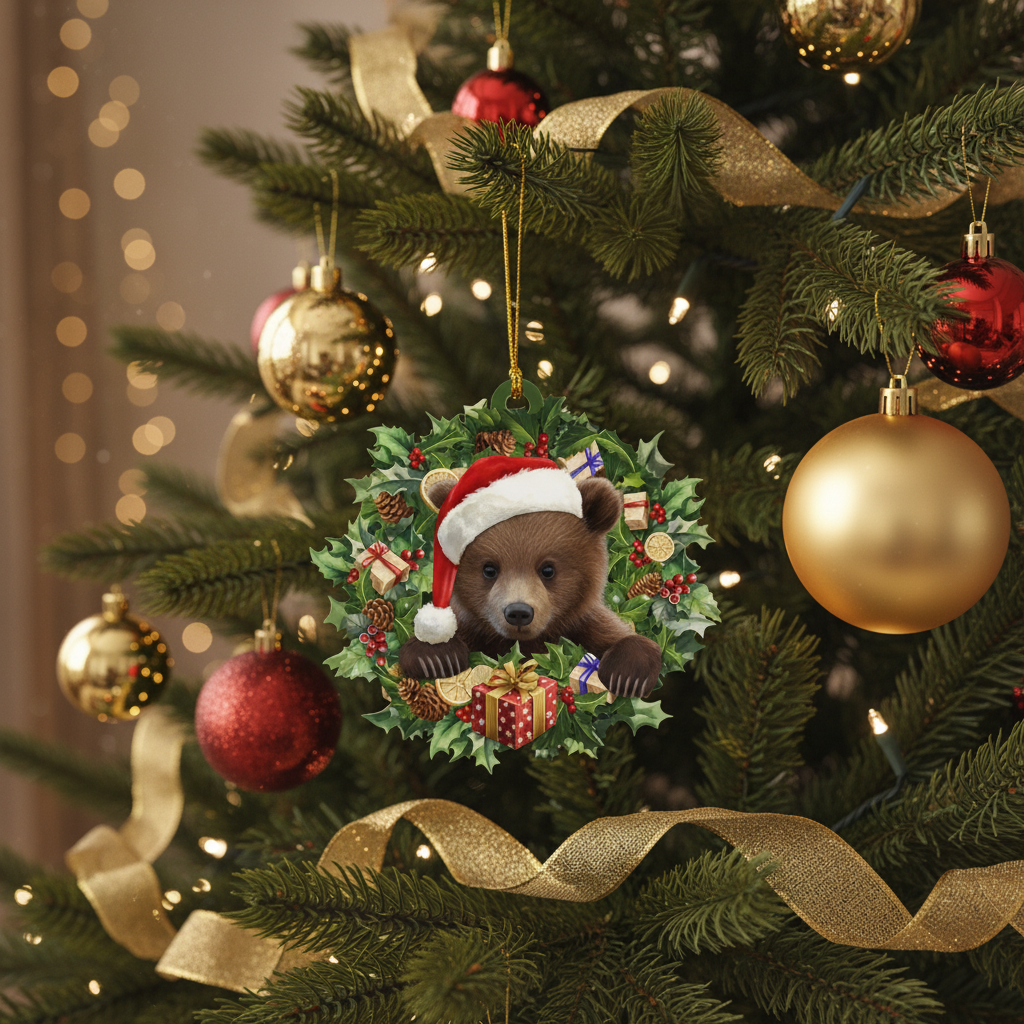 [2D FLAT ACRYLIC] Brown Bear Christmas Ornament – Festive Holiday Decor & Car Accessory