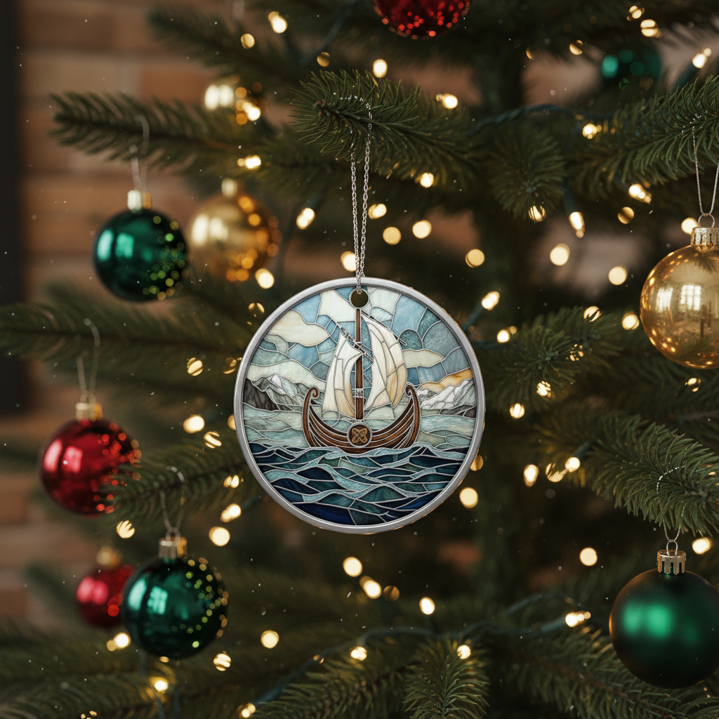[2D FLAT ACRYLIC] Viking Ship Ceramic Ornament – Norse Longboat Christmas Tree Decor