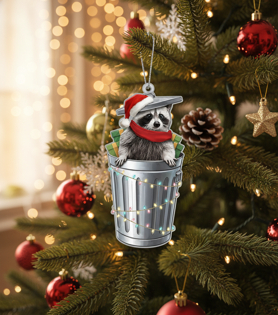 [2D FLAT ACRYLIC] Quirky Raccoon Christmas Ornament – Holiday Decor for Raccoon Lovers