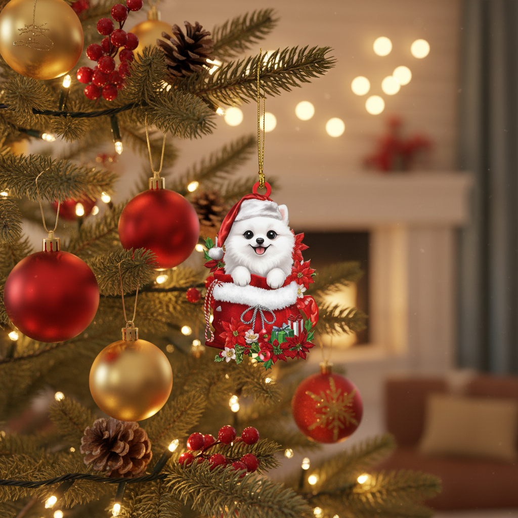 [2D FLAT ACRYLIC] Pomeranian Christmas Ornament – Cute Pom Dog in Santa Bag Keepsake Gift