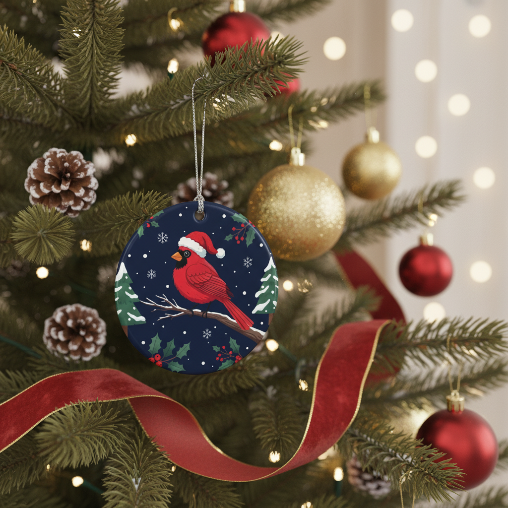 [2D FLAT ACRYLIC] Red Cardinal Christmas Ornament Design – Sublimation PNG for Round Decor
