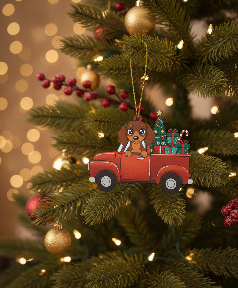 [2D FLAT ACRYLIC] Dachshund Red Truck Christmas Ornament | 3D Wood Holiday Decor Gift for Dog Lovers