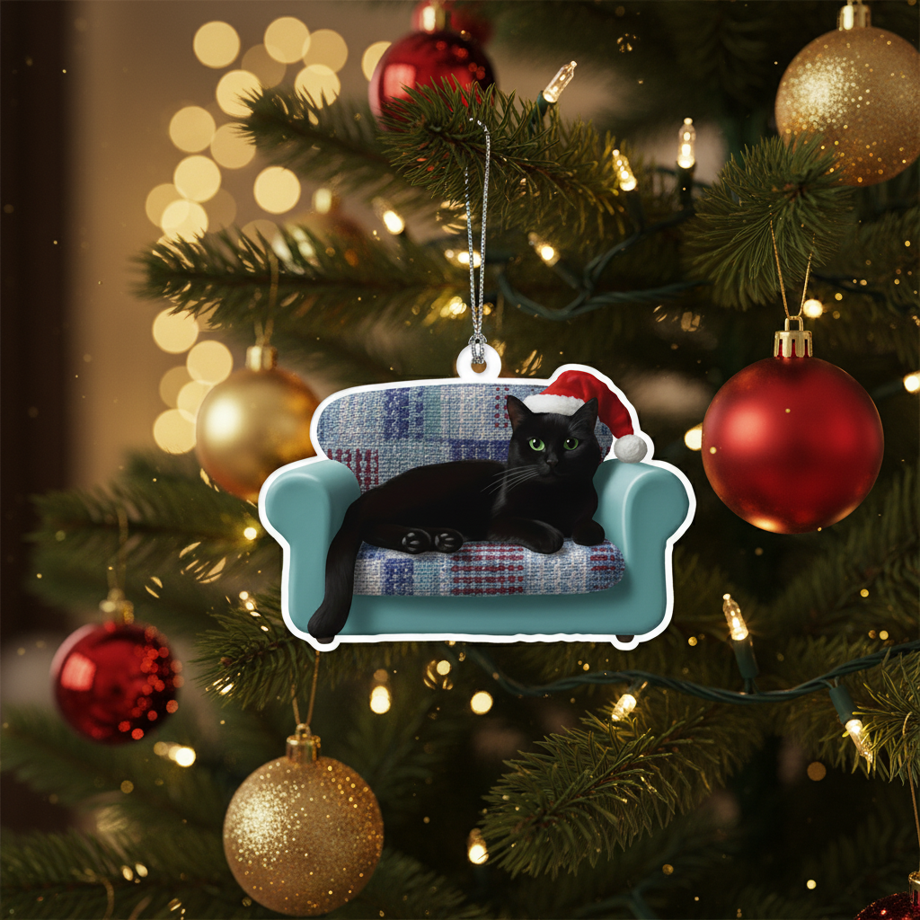 [2D FLAT ACRYLIC] Black Cat in Chair Christmas Ornament | Cute Holiday Gift for Cat Lovers