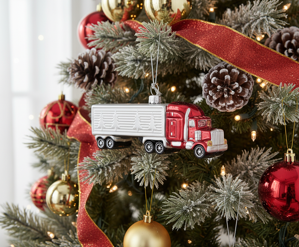 [2D FLAT ACRYLIC] Glass Tractor Trailer Christmas Ornament | Perfect Trucker Gift & Holiday Decor