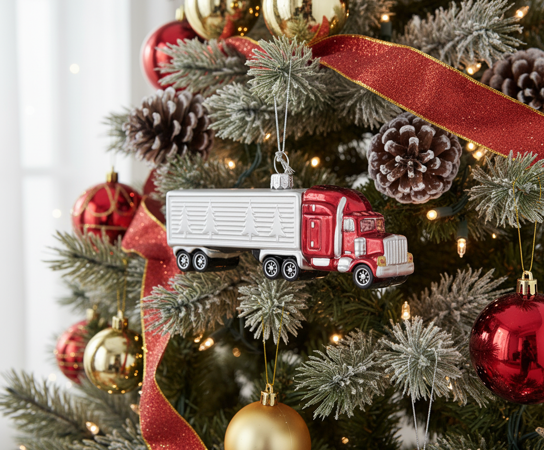 [2D FLAT ACRYLIC] Glass Tractor Trailer Christmas Ornament | Perfect Trucker Gift & Holiday Decor