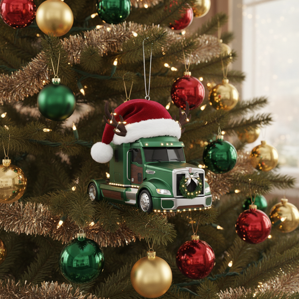 [2D FLAT ACRYLIC] Personalized Truck with Santa Hat Ornament | Christmas Gift for a Truck Driver
