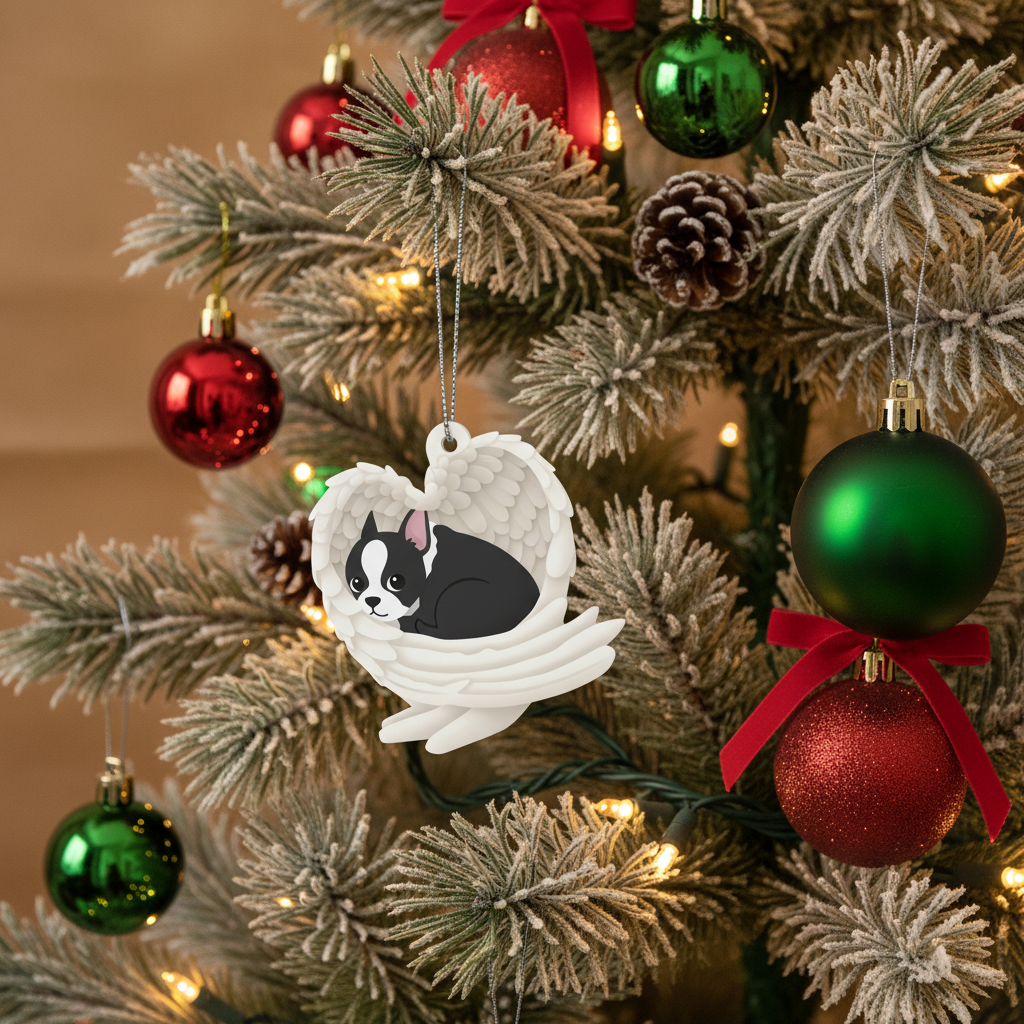 [2D FLAT ACRYLIC] Boston Terrier Angel Memorial Ornament | Sleeping Dog Christmas Keepsake Gift