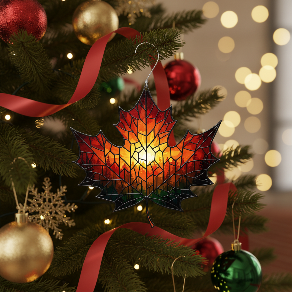 [2D FLAT ACRYLIC] Stained Glass Style Maple Leaf Suncatcher – Autumn & Christmas Holiday Ornament
