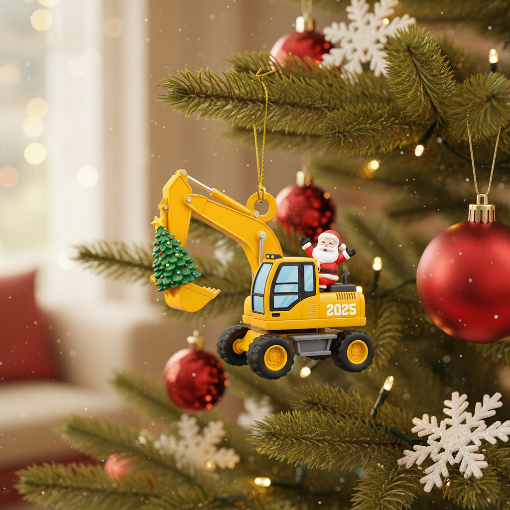 [2D FLAT ACRYLIC] Personalized Excavator Christmas Ornament | Custom Holiday Gift for Boys & Builders