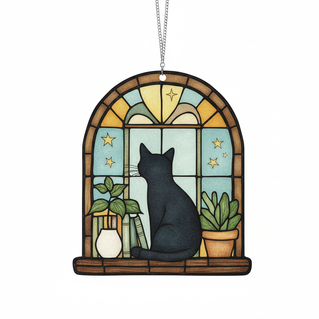 [2D FLAT ACRYLIC] Black Cat Ghost Reading Suncatcher – Unique Book & Cat Lover Gift Ornament