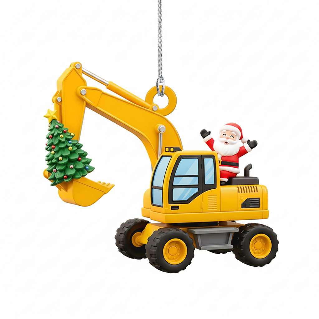 [2D FLAT ACRYLIC] Personalized Excavator Christmas Ornament with Santa – Custom Construction Truck Gift for Boys & Builders | Cute 2D Flat Holiday Decoration