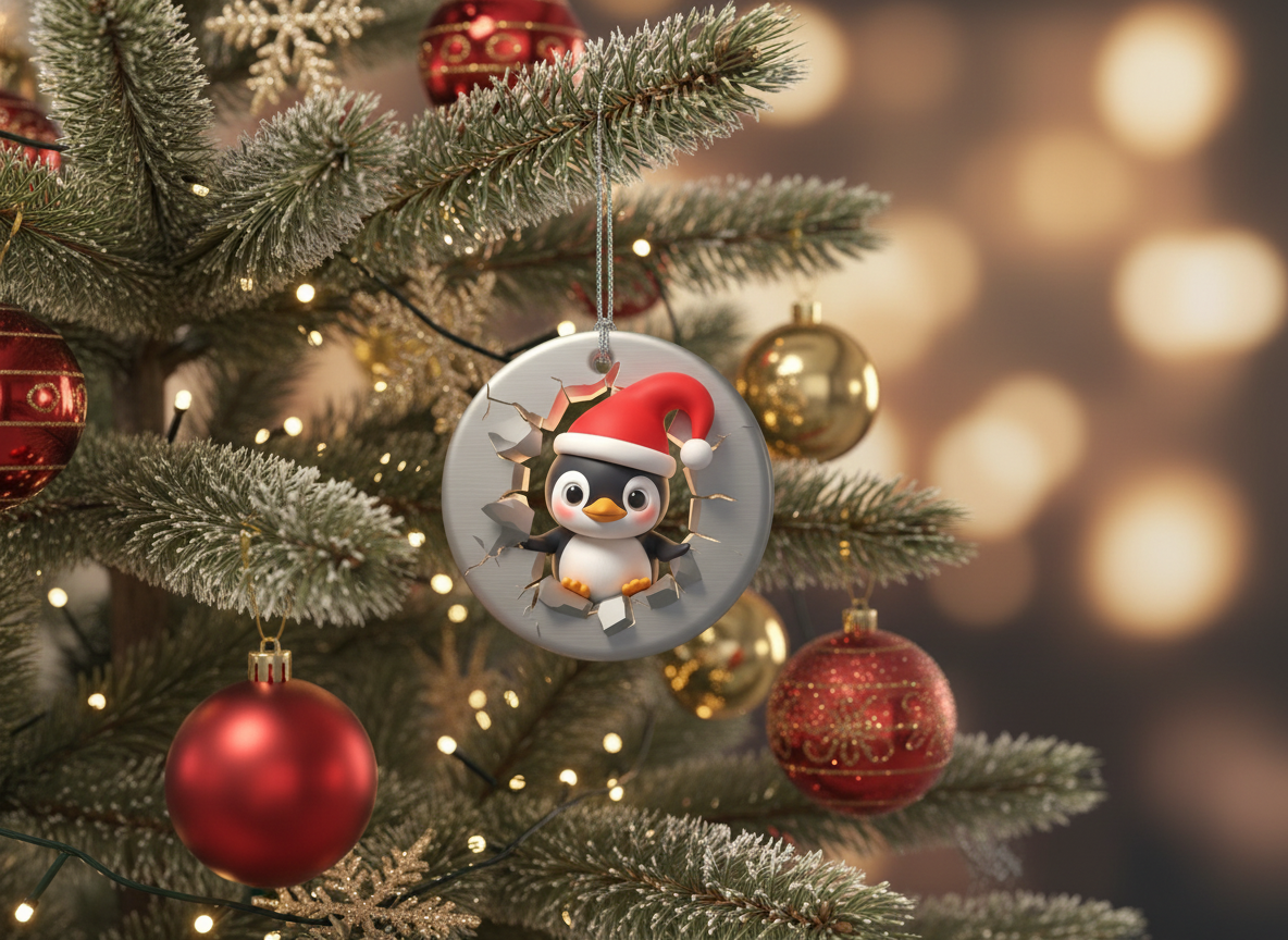 [2D FLAT ACRYLIC] Cute Penguin Christmas Ornament 2025 – Double-Sided Porcelain Holiday Decor