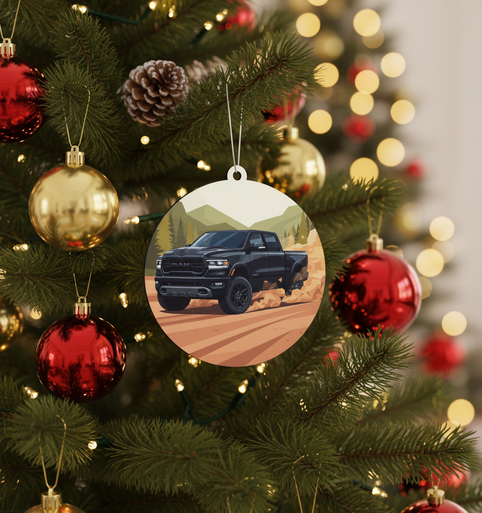 [2D FLAT ACRYLIC] Black Pick Up Truck Christmas Ornament | Off-Road Mountain Holiday Decor