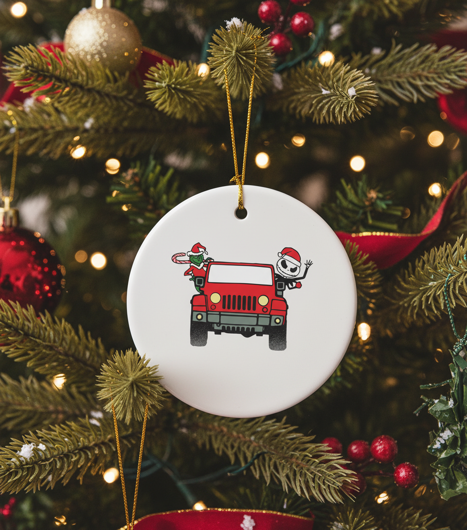 [2D FLAT ACRYLIC] Red Truck Christmas Ornament with Jack Skellington & Grinch | Holiday Decor Gift