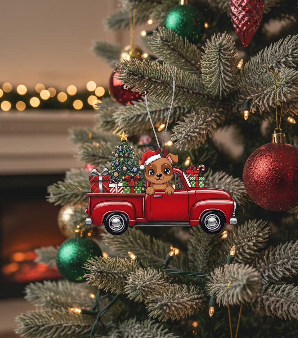 [2D FLAT ACRYLIC] Pitbull Christmas Ornament | 3D Wood Red Truck Holiday Decor for Dog Lovers