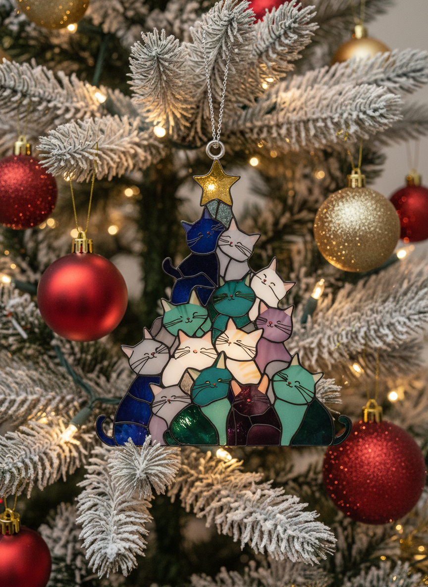 [2D FLAT ACRYLIC] Funny Cat Christmas Tree Ornament 2025 – Suncatcher Gift for Cat Lovers