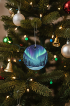 [2D FLAT ACRYLIC] Aurora Borealis Winter Forest Ceramic Ornament – Northern Lights Holiday Decor