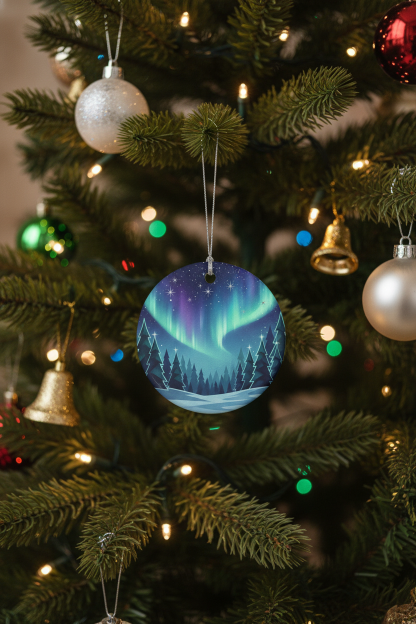 [2D FLAT ACRYLIC] Aurora Borealis Winter Forest Ceramic Ornament – Northern Lights Holiday Decor