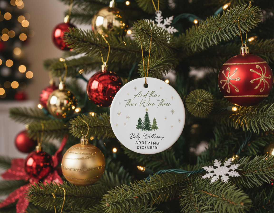 [2D FLAT ACRYLIC] 'And Then There Were Three' Pregnancy Announcement Ornament – Gift for Expecting Parents