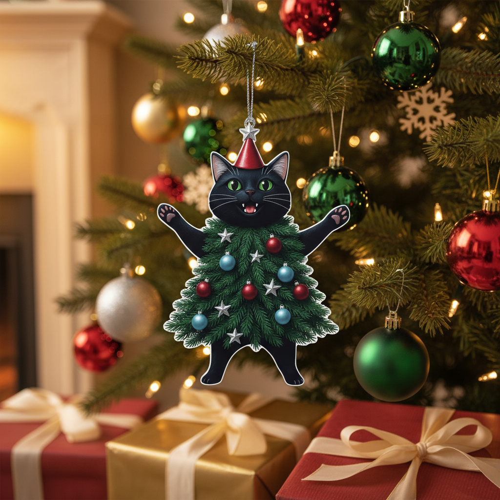 [2D FLAT ACRYLIC] Adorable Black Cat Christmas Ornament | Festive Holiday Decor & Unique Gift for Cat Lovers