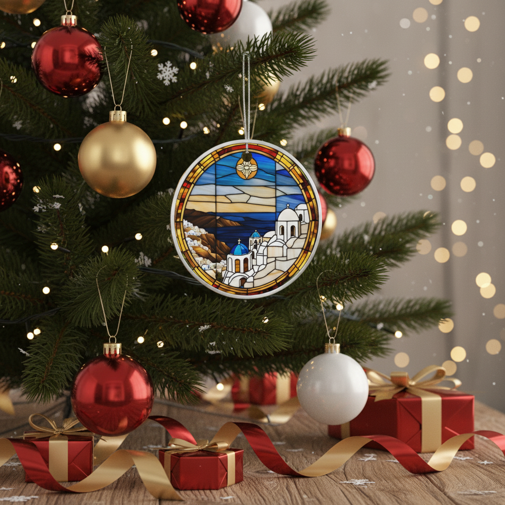 [2D FLAT ACRYLIC] Santorini Greece Stained-Glass Style Ornament | Greek Island Vacation & Travel Keepsake Gift