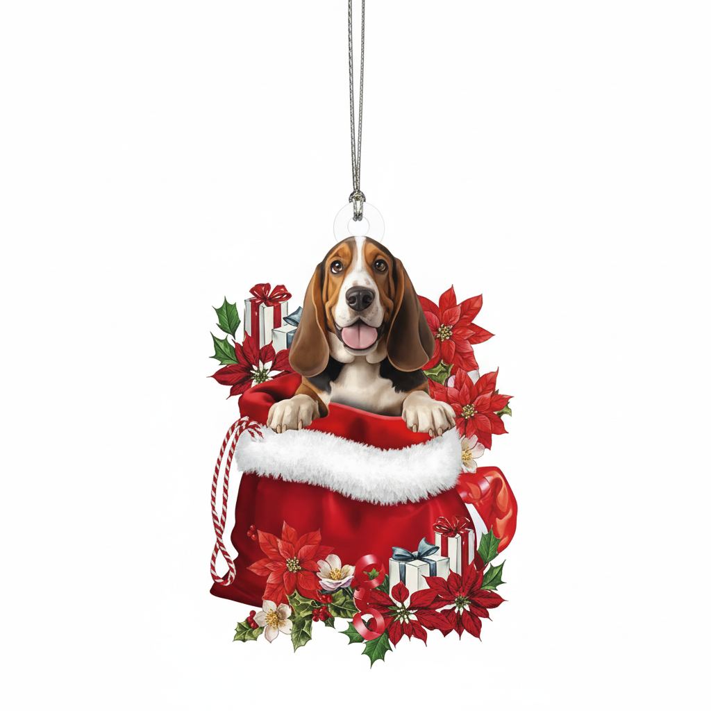 [2D FLAT ACRYLIC] Basset Hound Christmas Ornament – Festive Dog Lover Keepsake Gift