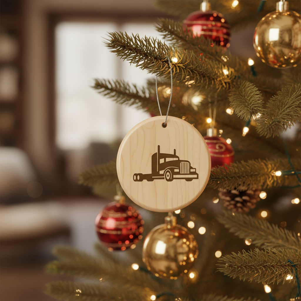 [2D FLAT ACRYLIC] Engraved Wooden Trucker Ornament | Rustic Semi Truck Holiday Decor & Christmas Gift