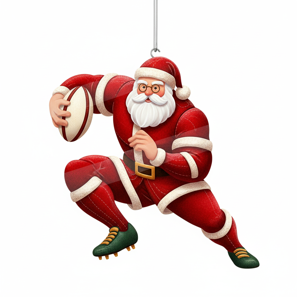 [2D FLAT ACRYLIC] Santa Rugby Christmas Ornament – Funny Holiday Gift for Sport Lovers