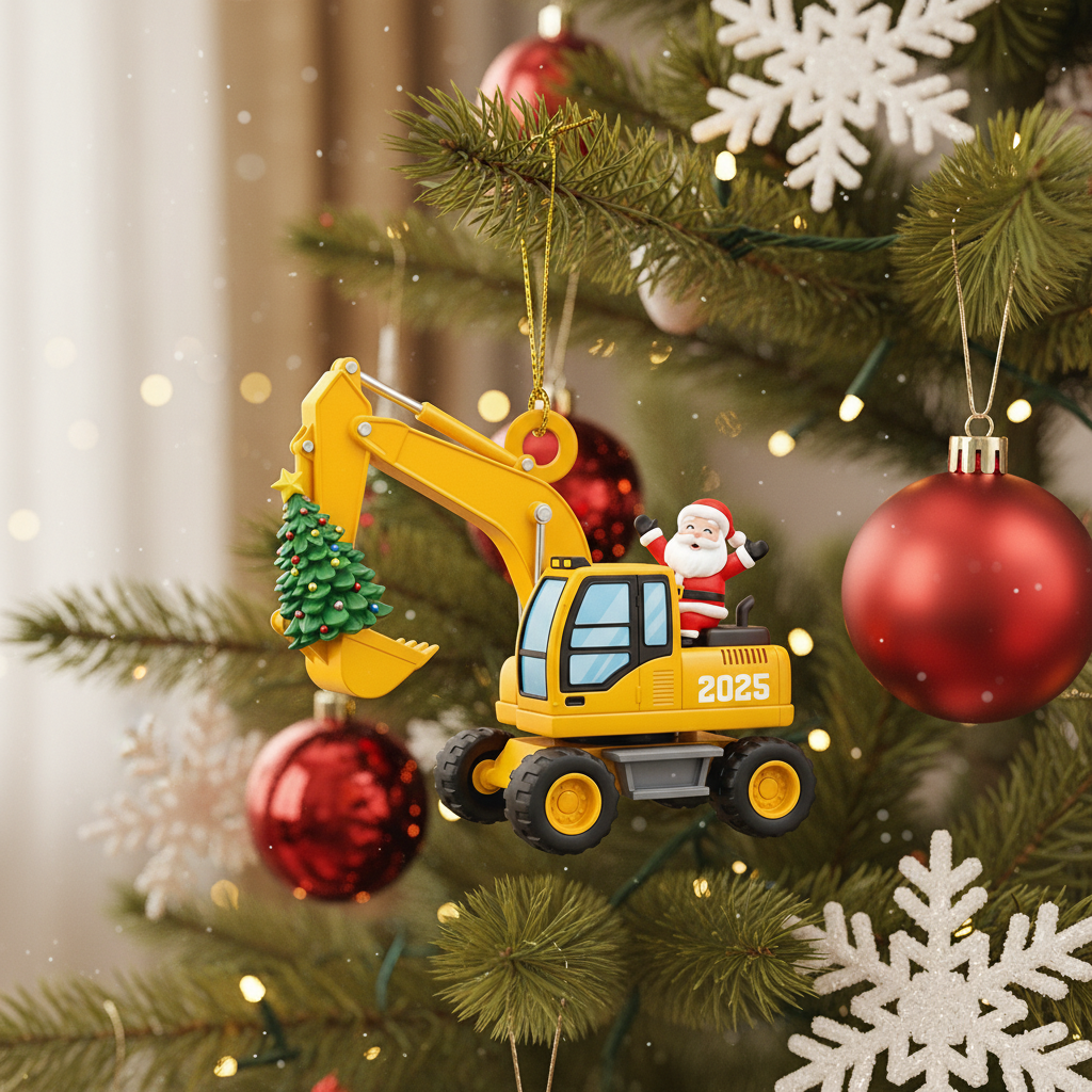 [2D FLAT ACRYLIC] Personalized Excavator Christmas Ornament | Custom Holiday Gift for Boys & Builders
