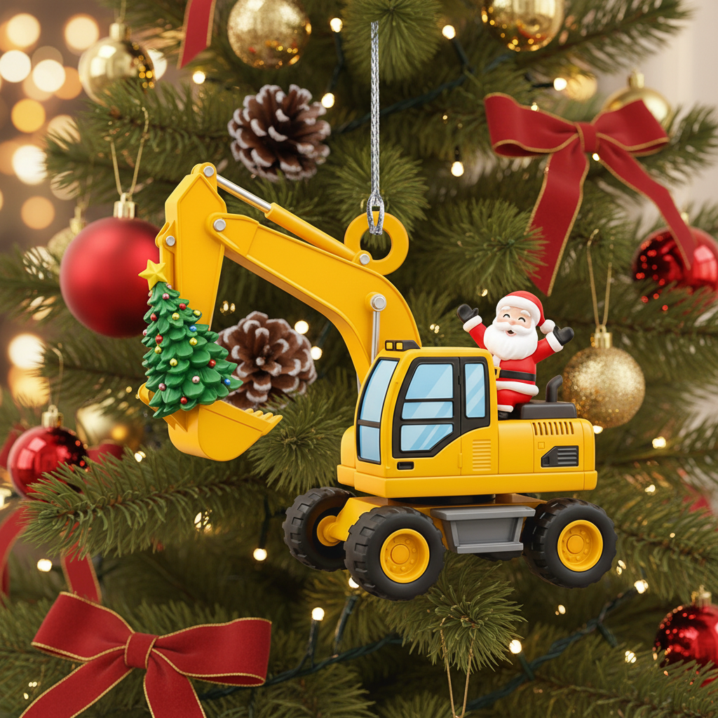 [2D FLAT ACRYLIC] Personalized Excavator Christmas Ornament with Santa – Custom Construction Truck Gift for Boys & Builders | Cute 2D Flat Holiday Decoration