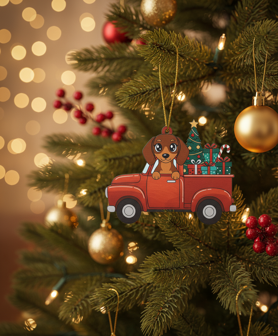 [2D FLAT ACRYLIC] Dachshund Red Truck Christmas Ornament | 3D Wood Holiday Decor Gift for Dog Lovers