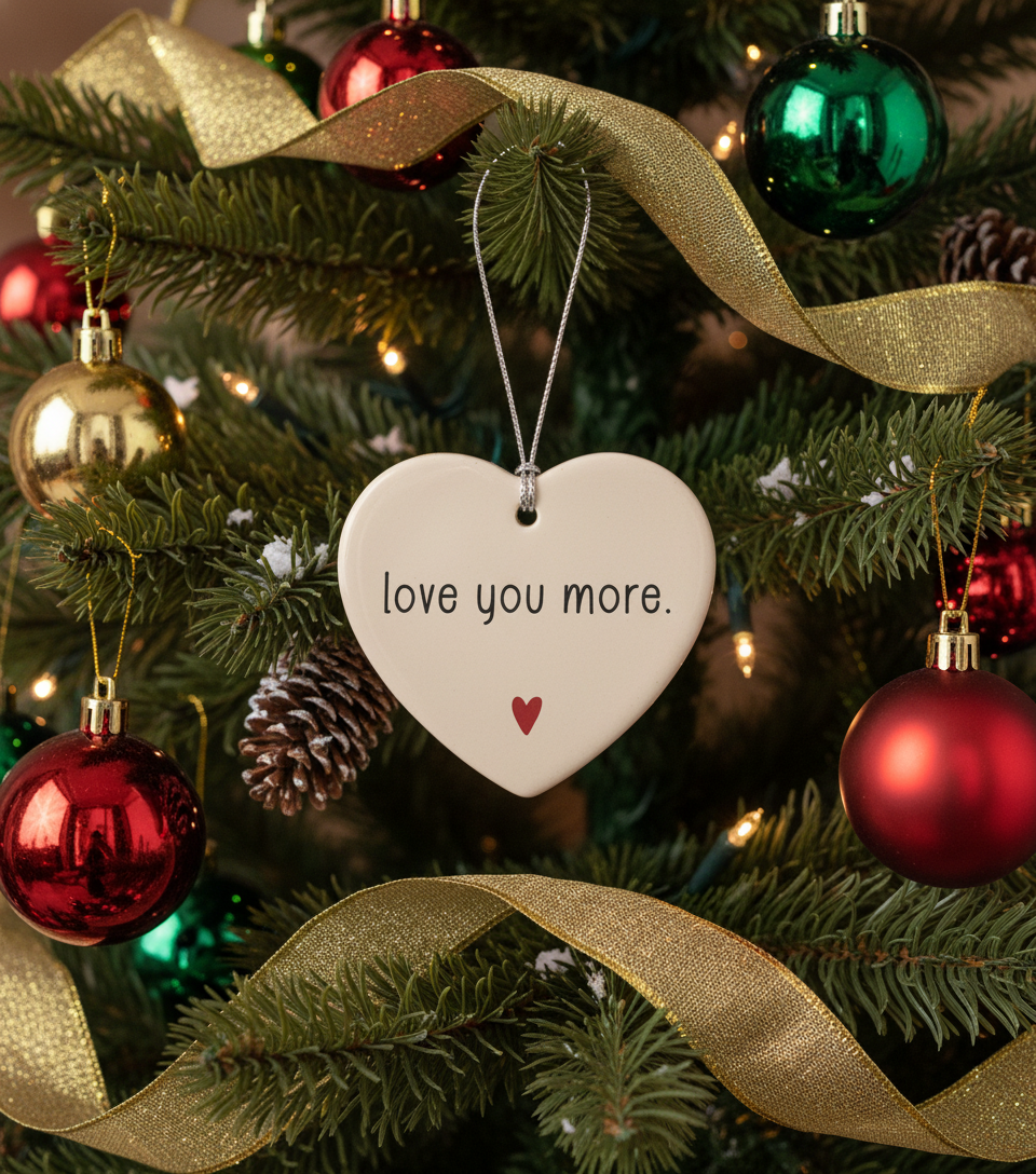 [2D FLAT ACRYLIC] Love You More Christmas Ornament – Ceramic Heart Keepsake Gift for Couples & Family