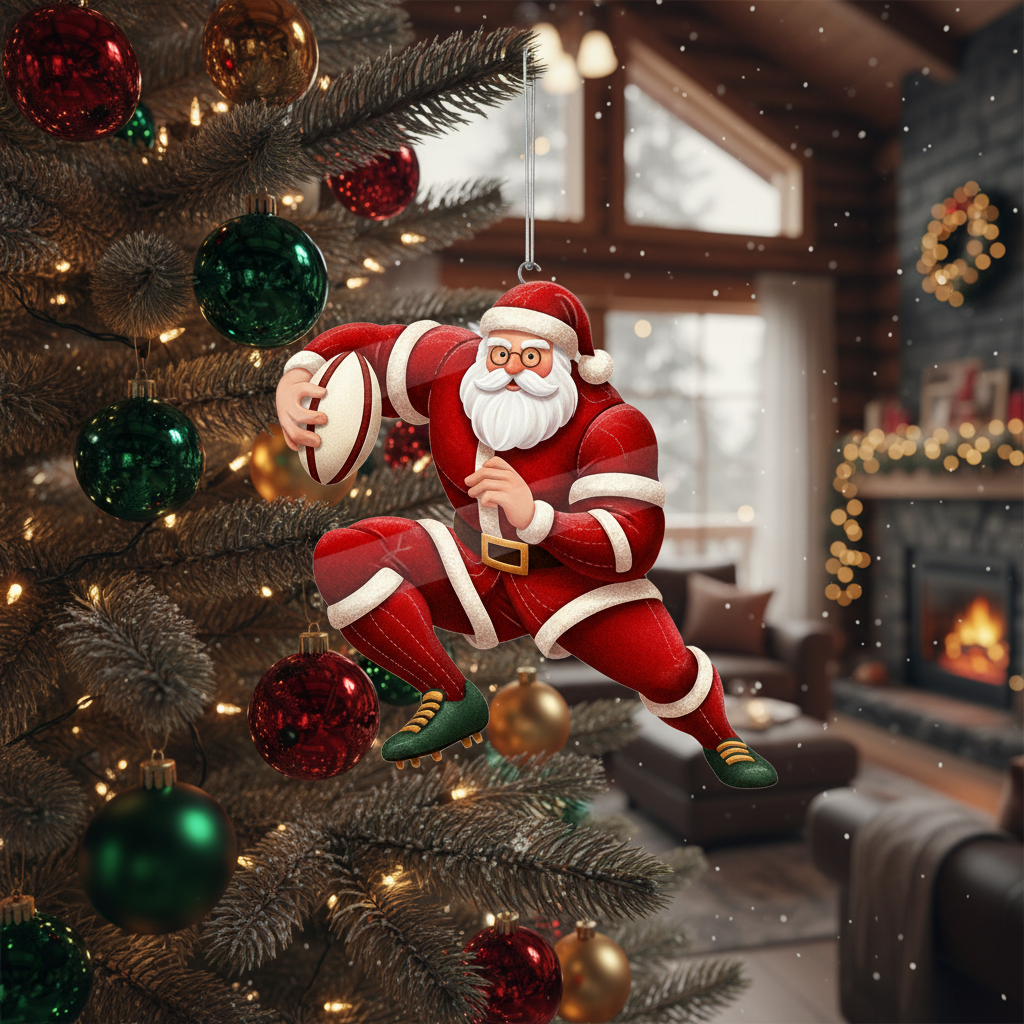 [2D FLAT ACRYLIC] Santa Rugby Christmas Ornament – Funny Holiday Gift for Sport Lovers