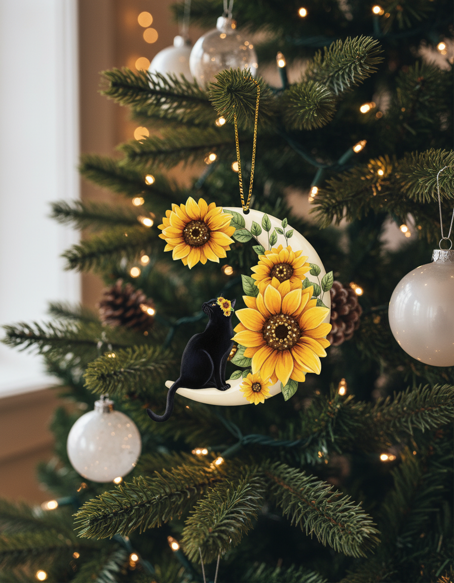 [2D FLAT ACRYLIC] Black Cat & Sunflower Christmas Ornament | Wooden Holiday Decor for Cat Lovers 2024