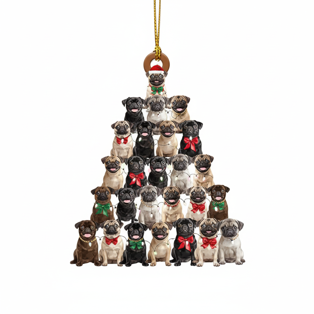 [2D FLAT ACRYLIC] Adorable Pug Pine Tree Christmas Ornament – Gift for Pug Lovers