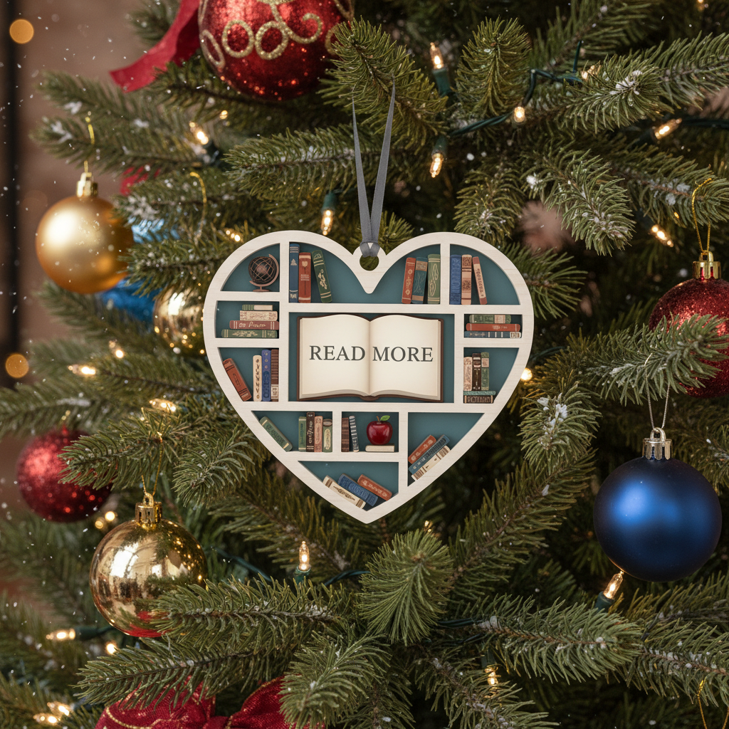 [2D FLAT ACRYLIC] Heart-Shaped Bookshelf Ornament – Christmas Gift for Book Lovers & Readers
