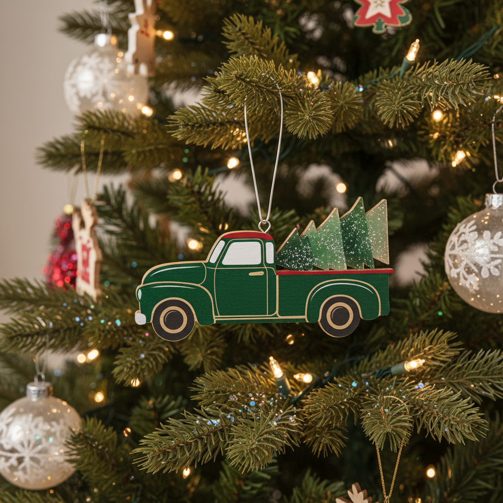 [2D FLAT ACRYLIC] Wooden Red Truck Christmas Ornament | Rustic Holiday Decor & Trucker Gift
