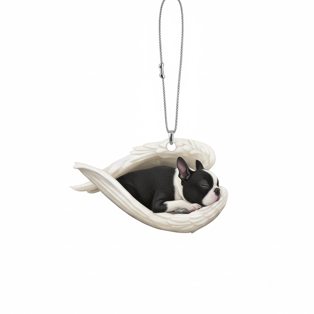 [2D FLAT ACRYLIC] Boston Terrier Angel Memorial Ornament | Sleeping Dog Christmas Keepsake Gift