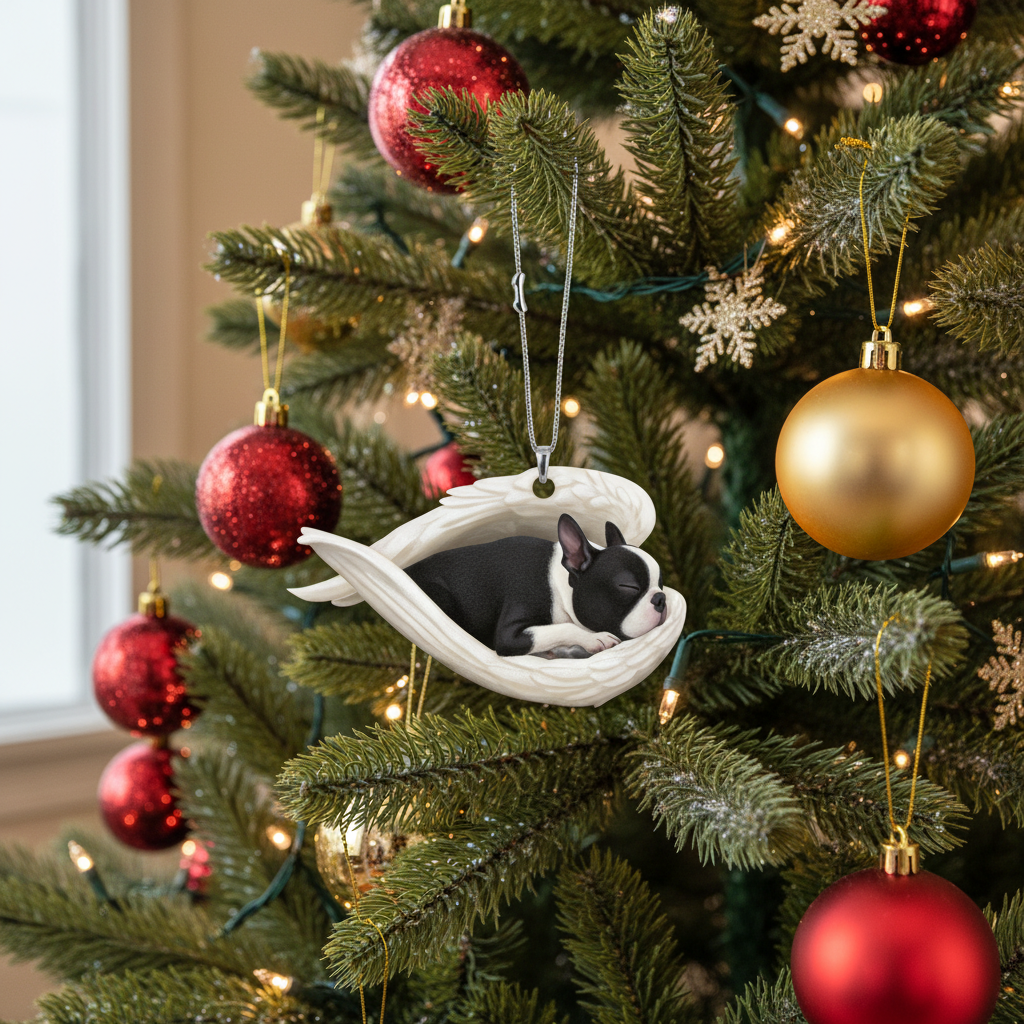 [2D FLAT ACRYLIC] Boston Terrier Angel Memorial Ornament | Sleeping Dog Christmas Keepsake Gift