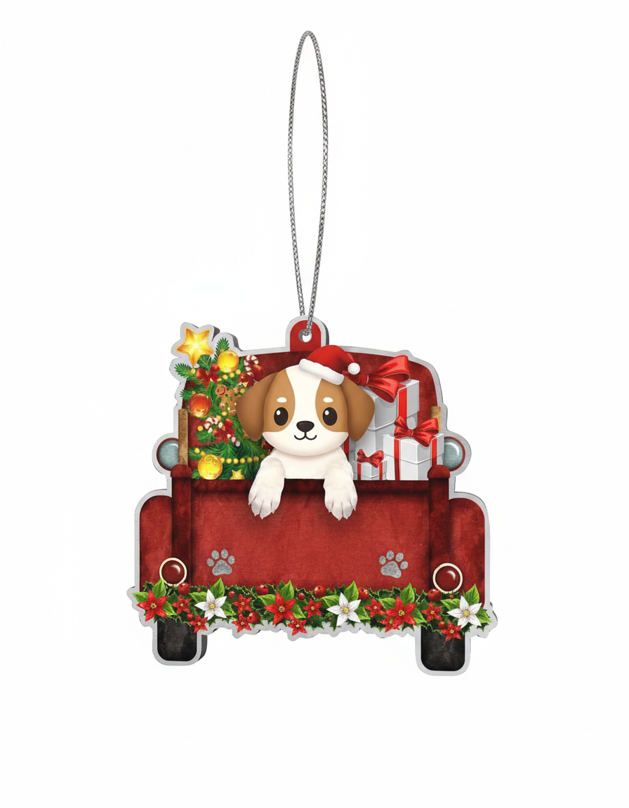 [2D FLAT ACRYLIC] Beagle Red Car Christmas Ornament | Holiday Keepsake Gift for Dog Lovers