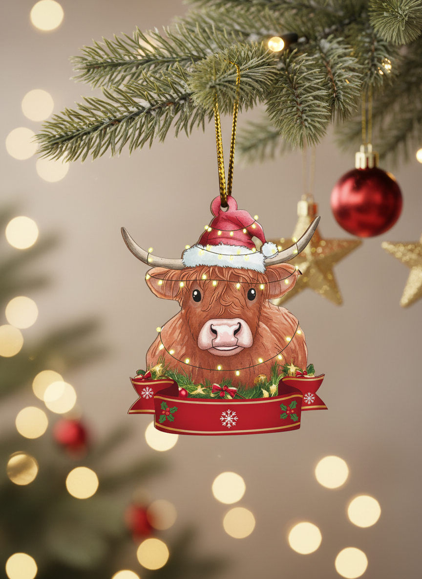 [2D FLAT ACRYLIC] American Highland Cow Ornament – Christmas Tree & Car Decor Gift