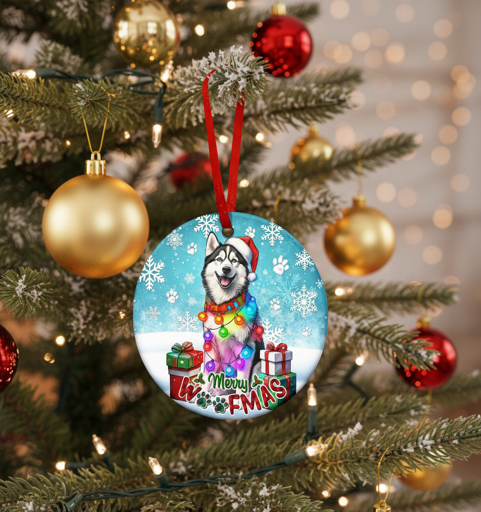 [2D FLAT ACRYLIC] Adorable Husky Christmas Ornament with Santa Hat | Ceramic Holiday Decor & Dog Lover Gift