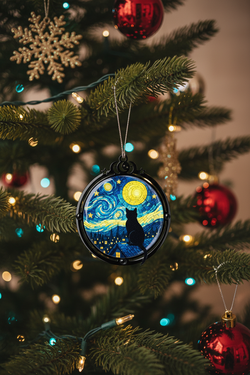 [2D FLAT ACRYLIC] Starry Night Black Cat Ornament – Van Gogh Inspired Suncatcher Gift for Cat Lovers