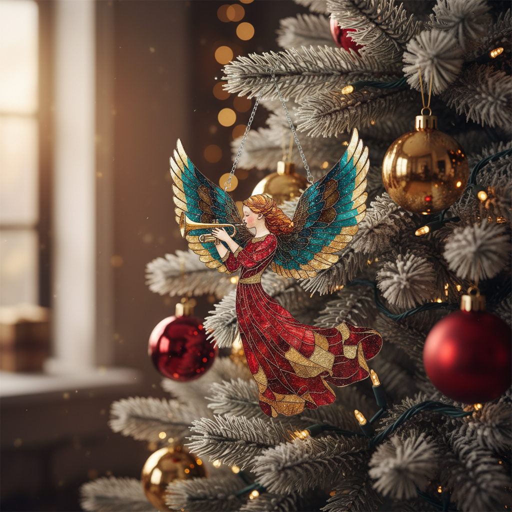 [2D FLAT ACRYLIC] Angel with Trumpet Suncatcher – Whimsical Christmas Ornament & Window Decor