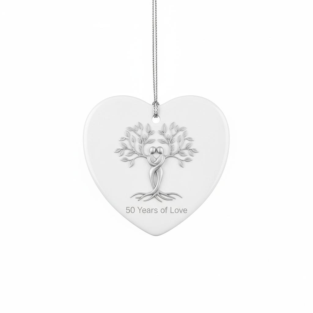 [2D FLAT ACRYLIC] 50th Wedding Anniversary Gift – Heart-Shaped Ceramic Keepsake Ornament for Couples