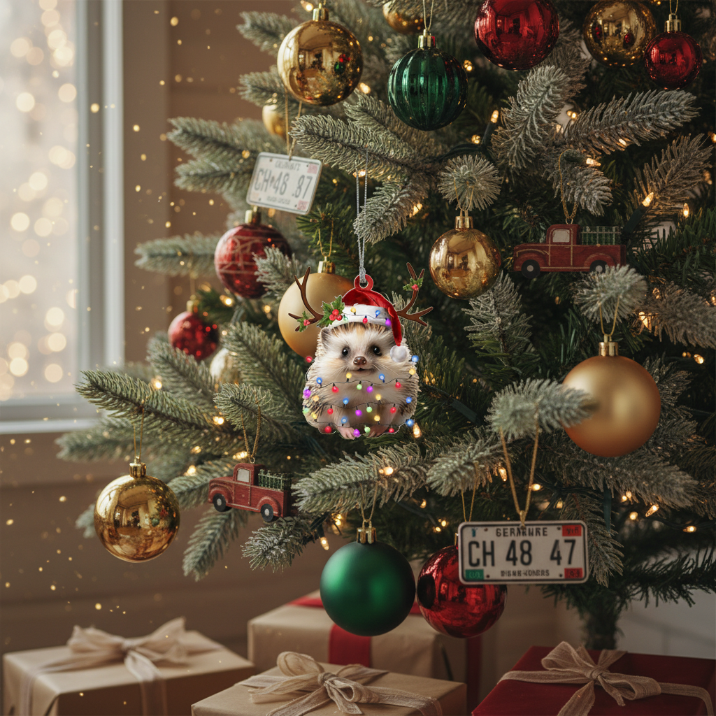 [2D FLAT ACRYLIC] Adorable Hedgehog Christmas Ornament – Festive Keepsake & Car Charm Gift
