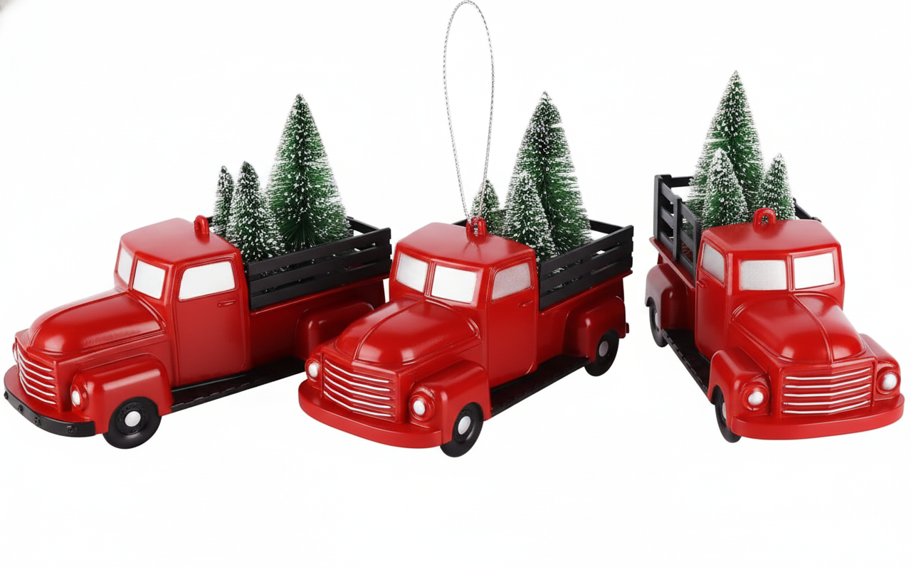 [2D FLAT ACRYLIC] Vintage Red Truck Christmas Ornaments (3-Pack) | Farmhouse Holiday Decor & Trucker Gift