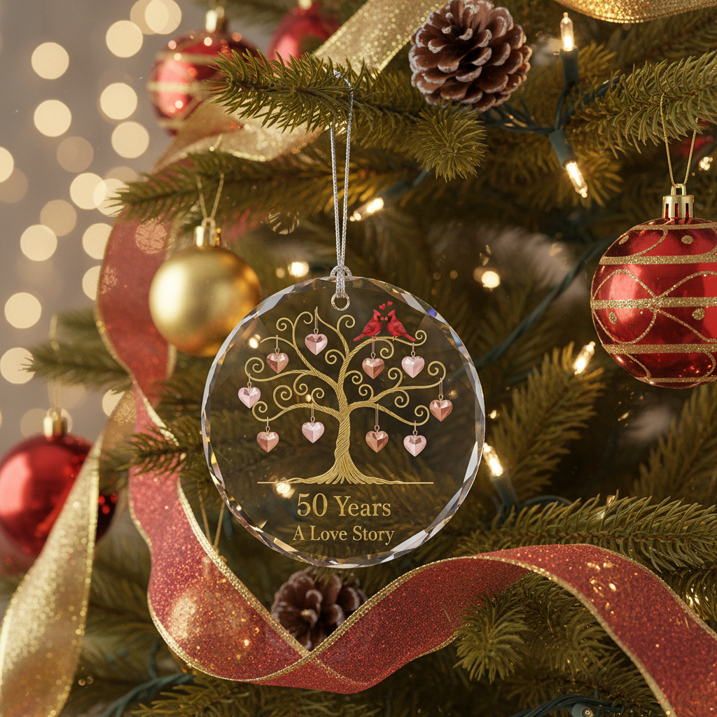 [2D FLAT ACRYLIC] 50th Golden Wedding Anniversary Glass Ornament – Keepsake Gift for Parents & Couples
